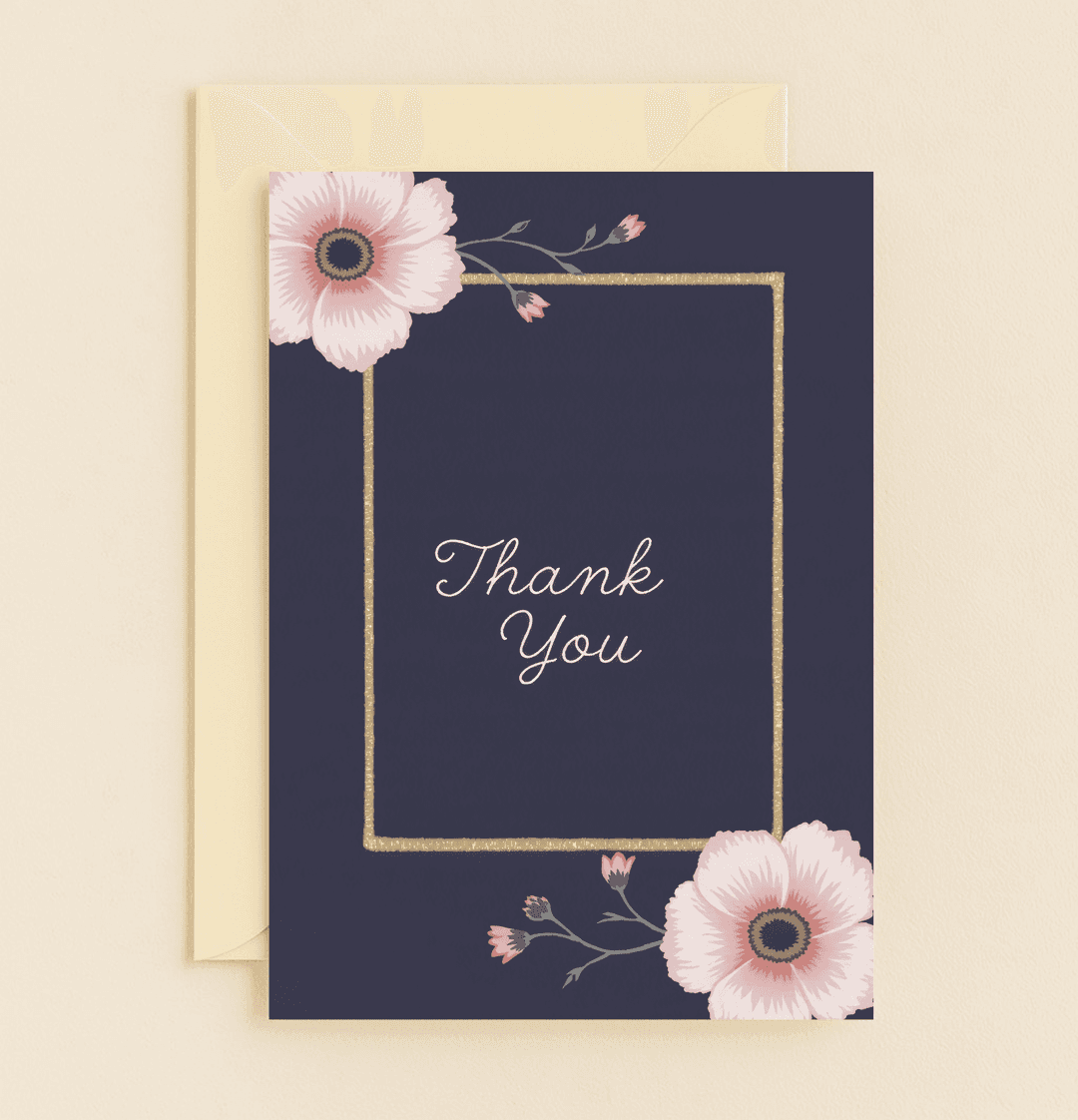 Express your gratitude with this Elegant Blooms of Gratitude card, featuring pink flowers on a navy backdrop with a gold border and cursive "Thank You.