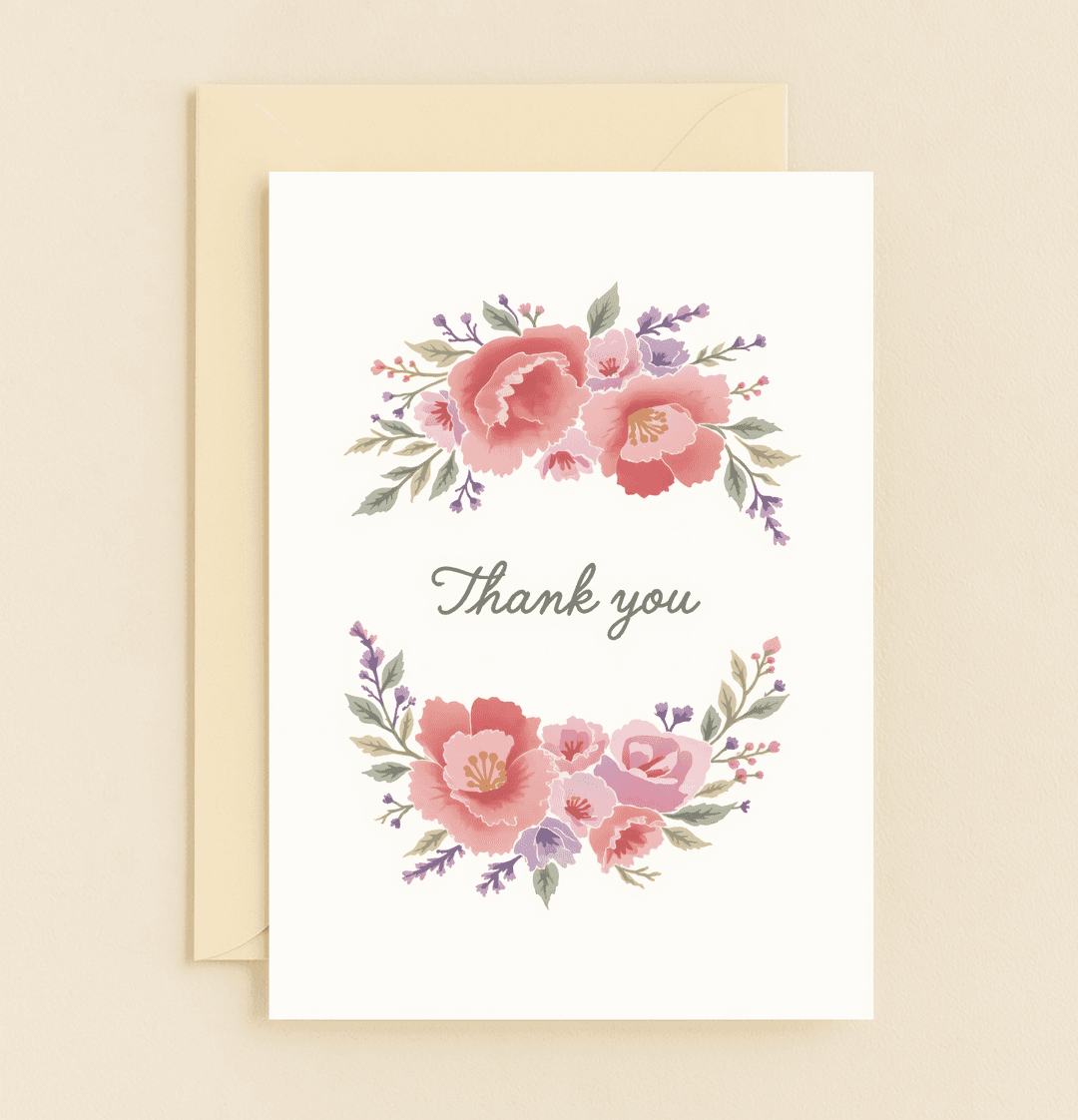Express heartfelt gratitude with this elegant watercolor card, featuring gentle pink and red blooms with graceful "Thank you" script.