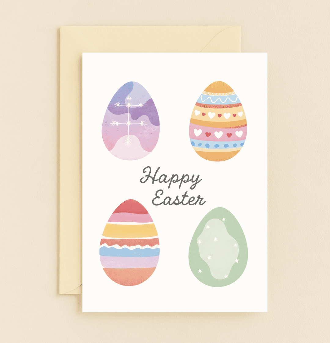 Celebrate Easter with this vibrant card featuring uniquely decorated eggs and a cheerful "Happy Easter" message at the heart of your festivities.