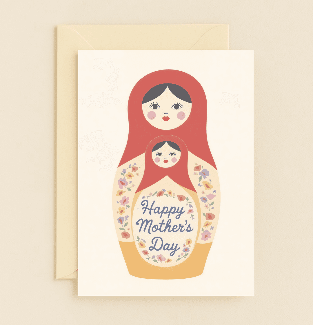 Celebrate Mother's Day with this charming card featuring matryoshka dolls and vibrant floral designs, expressing layered love and heartfelt wishes.
