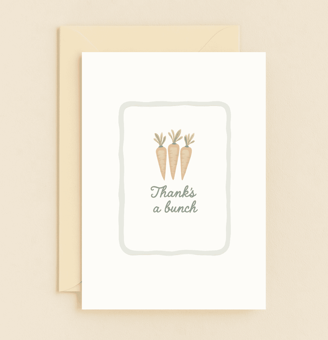 Express your gratitude with a playful punch of veggie charm through our "Thanks a Bunch" card, featuring whimsical carrots and delightful wordplay.