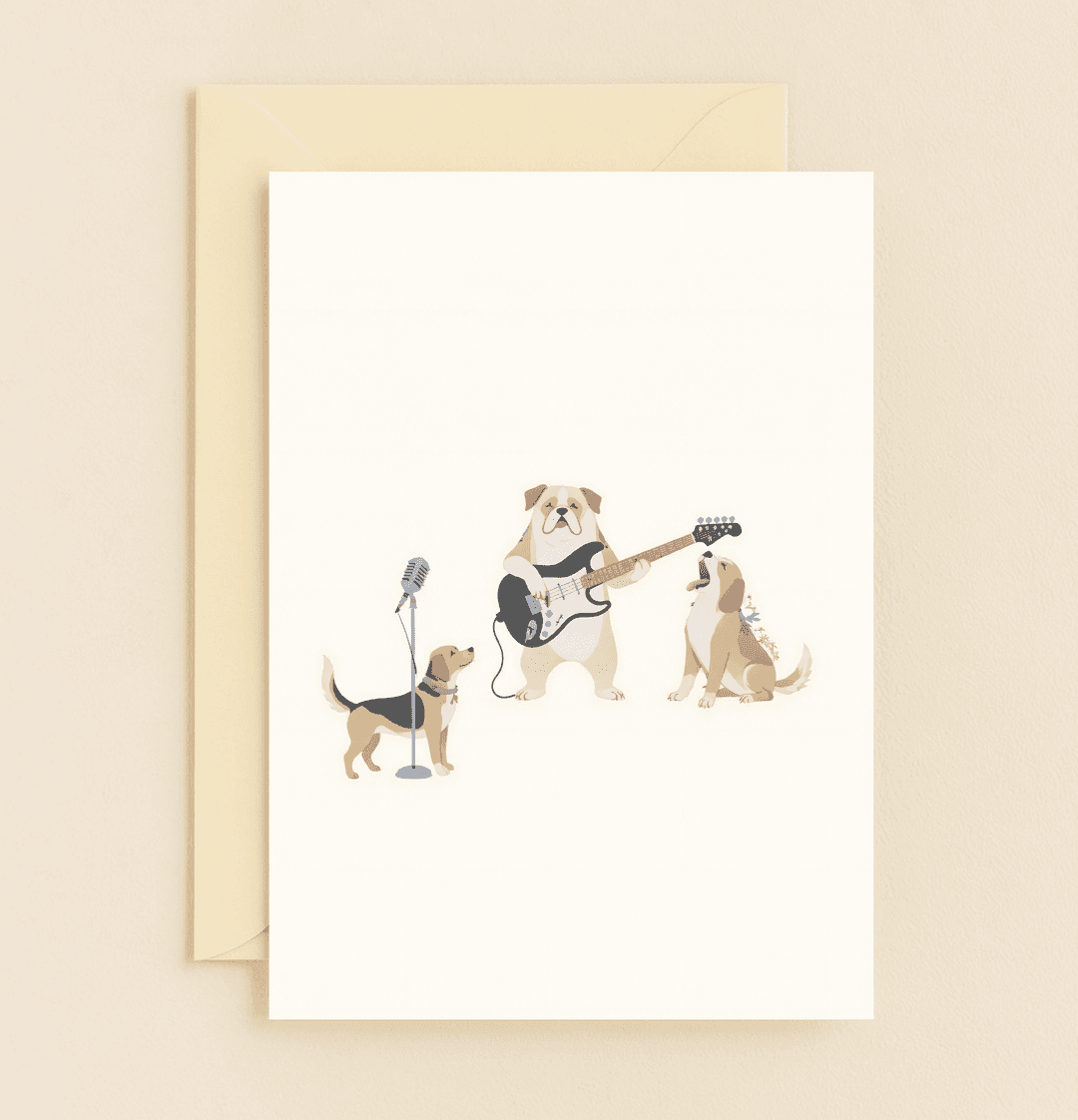 Celebrate Father's Day with a whimsical card featuring a band of dogs rocking out with guitars and mics, perfect for dads who love absurd humor.