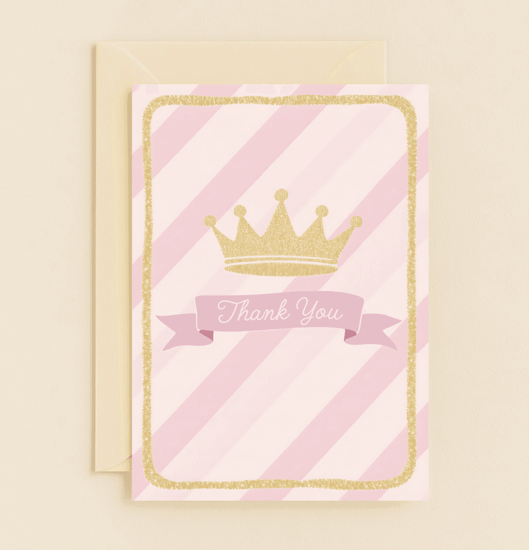 Express regal gratitude with this elegant pink and gold card featuring a glittery crown and a heartfelt "Thank You" on a charming ribbon banner.