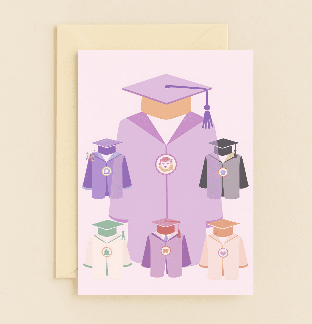 Celebrate graduation with this vibrant card featuring colorful gowns, caps, and symbols, perfect for honoring every milestone in style.