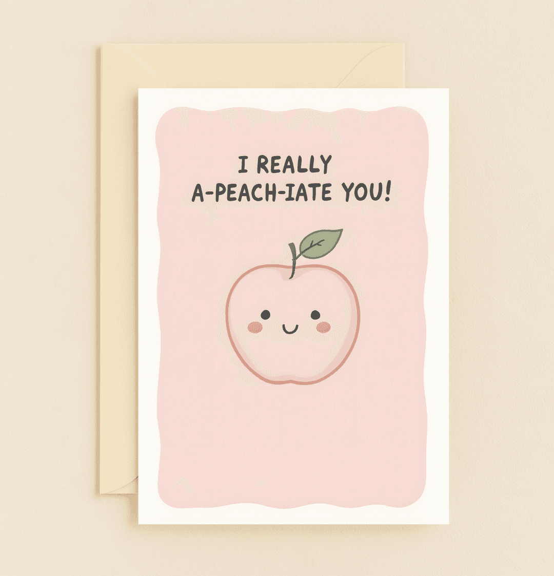 Express gratitude with a smile using this charming, kawaii-style thank you card featuring a playful pun and a cute peach illustration.