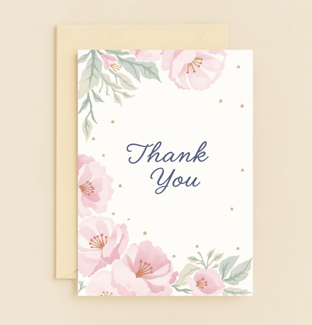 Express heartfelt appreciation with "Petals of Gratitude," featuring elegant watercolor flowers and gold accents on a sophisticated thank-you card.