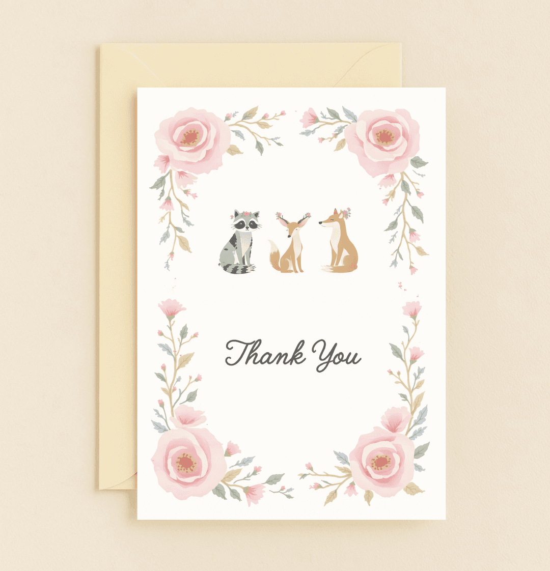 Express gratitude with our "Woodland Wonders Say Thanks!" card, featuring whimsical animals in floral crowns and watercolor blooms for a sweet, charming touch.