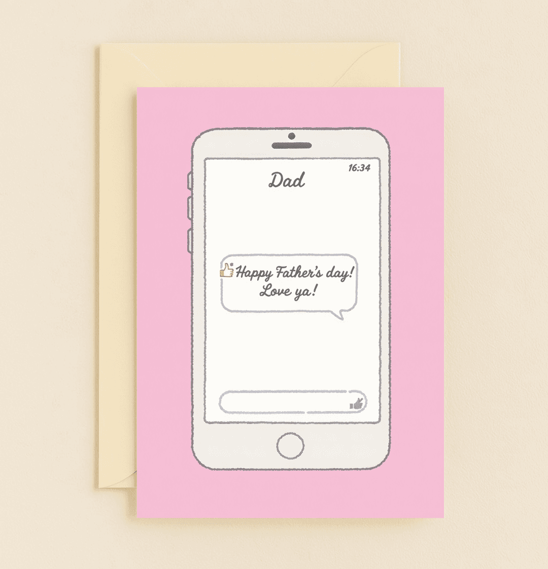 Celebrate Father's Day with a humorous greeting card that captures texting love to Dad, featuring a smartphone screen, speech bubble, and emoji fun!.