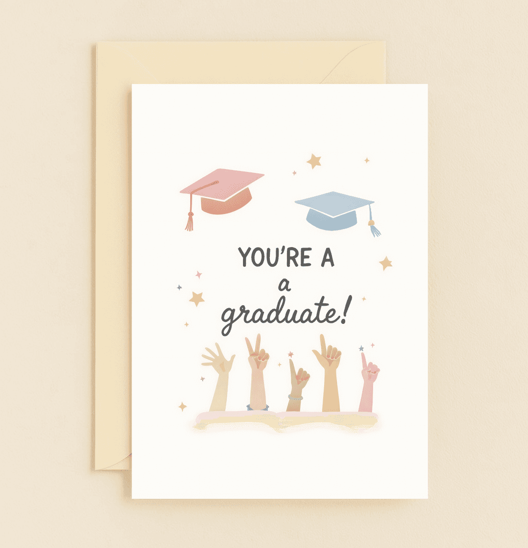 Celebrate graduation with a playful touch, featuring vibrant caps, joyous gestures, and a festive sprinkle of stars.