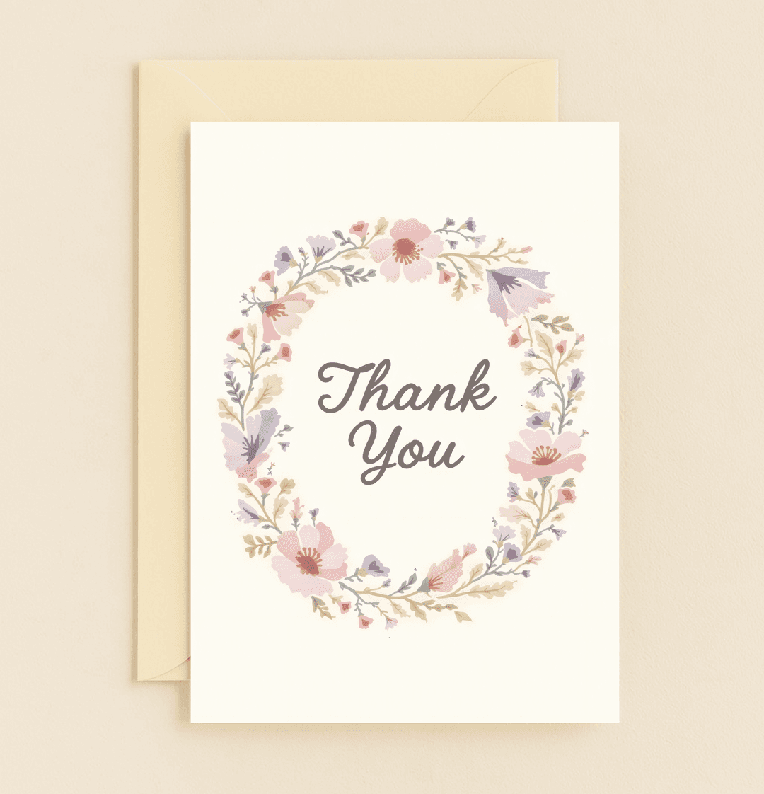Express heartfelt thanks with "Floral Gratitude in Bloom," featuring a delicate pastel floral wreath and elegant cursive text on a soft off-white background.