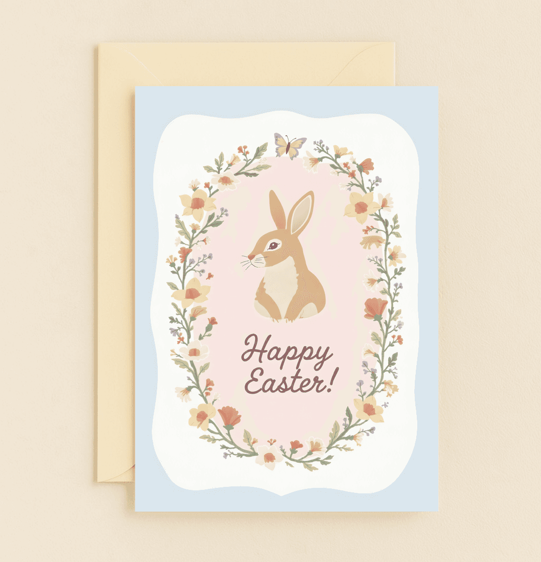 Celebrate Easter with the whimsical charm of "Springtime Bunny Bliss," featuring a cute rabbit, vibrant flowers, and a graceful butterfly against a pastel backdrop.
