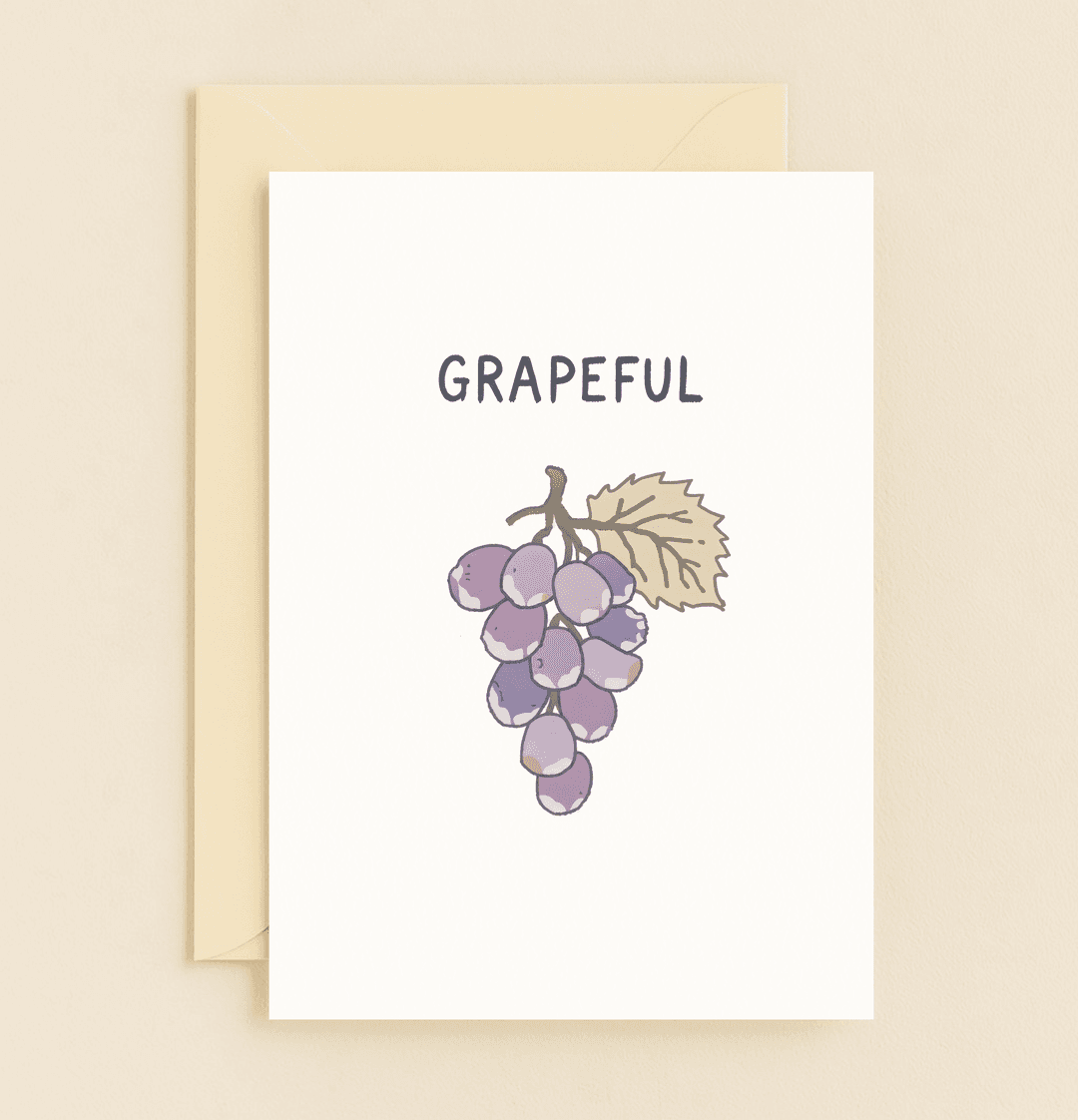 Express your gratitude with a whimsical pun featuring a playful bunch of grapes and the word "GRAPEFUL" for a delightful thank you gesture.