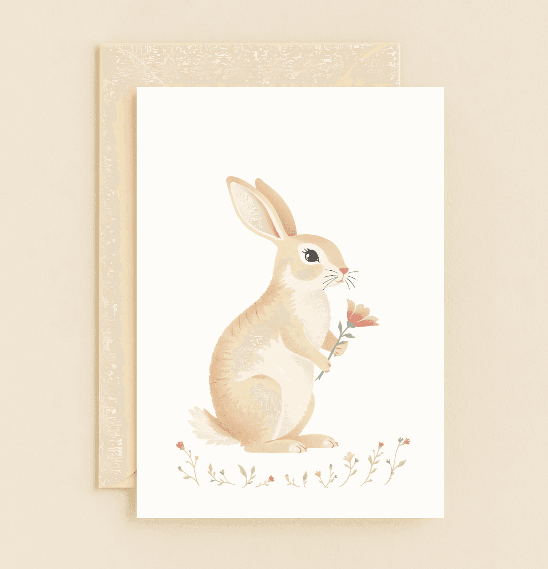 Celebrate Easter with a charming watercolor bunny holding a pink flower, surrounded by delicate wildflowers, evoking warmth and innocence.
