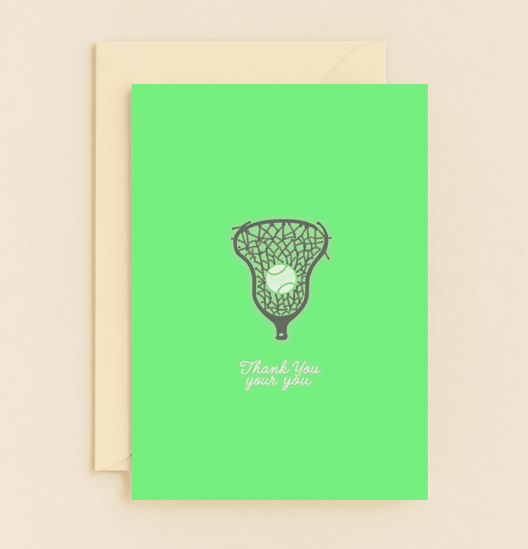 Express your gratitude with a playful twist using our "Sporting Thanks with Net Positivity" card, featuring a lacrosse stick, tennis ball, and pun-filled charm.