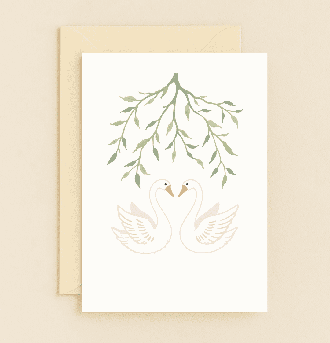 Celebrate your anniversary with "Eternal Elegance in Love's Embrace," featuring swans forming a heart beneath a leafy branch for a serene and timeless message.