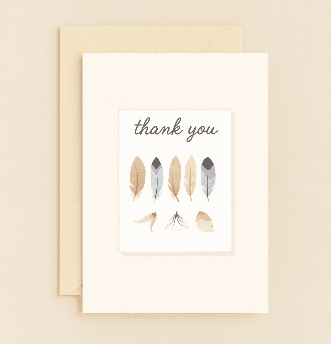Express gratitude with this tranquil card, featuring elegant script and soothing watercolor feathers and birds on a minimalist white backdrop.