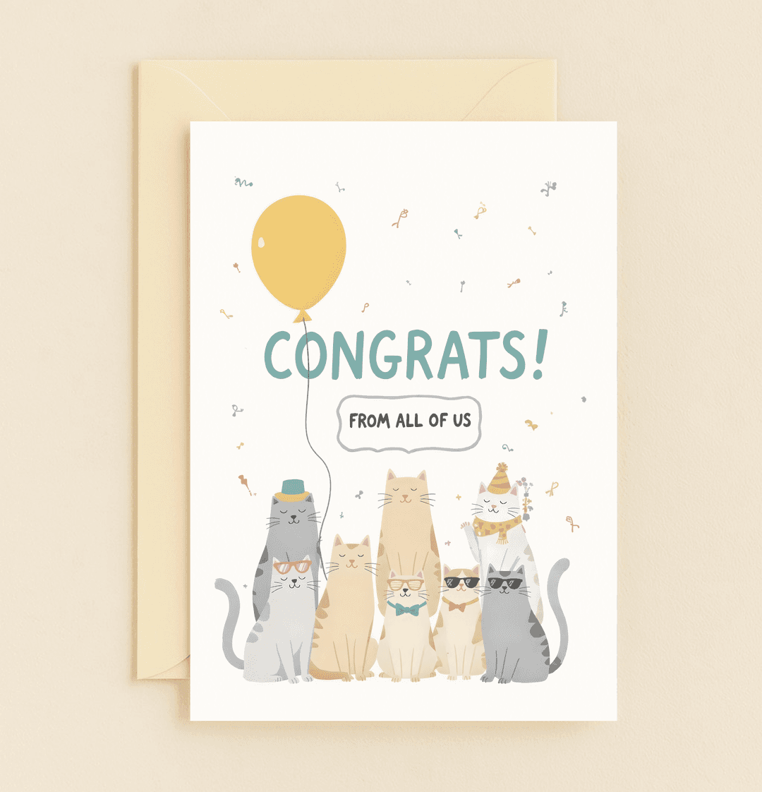 Celebrate graduation with a purr-fectly playful card featuring six quirky cats, a cheerful balloon, and confetti for a humorous and heartfelt "Congrats!.