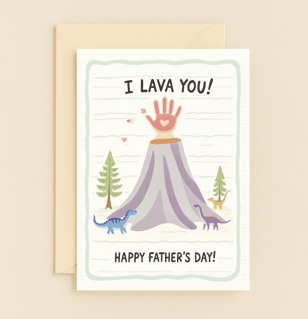Celebrate Father's Day with a dino-packed, pun-filled card featuring a volcanic eruption of love and playful dinosaurs exploring a whimsical, prehistoric scene.