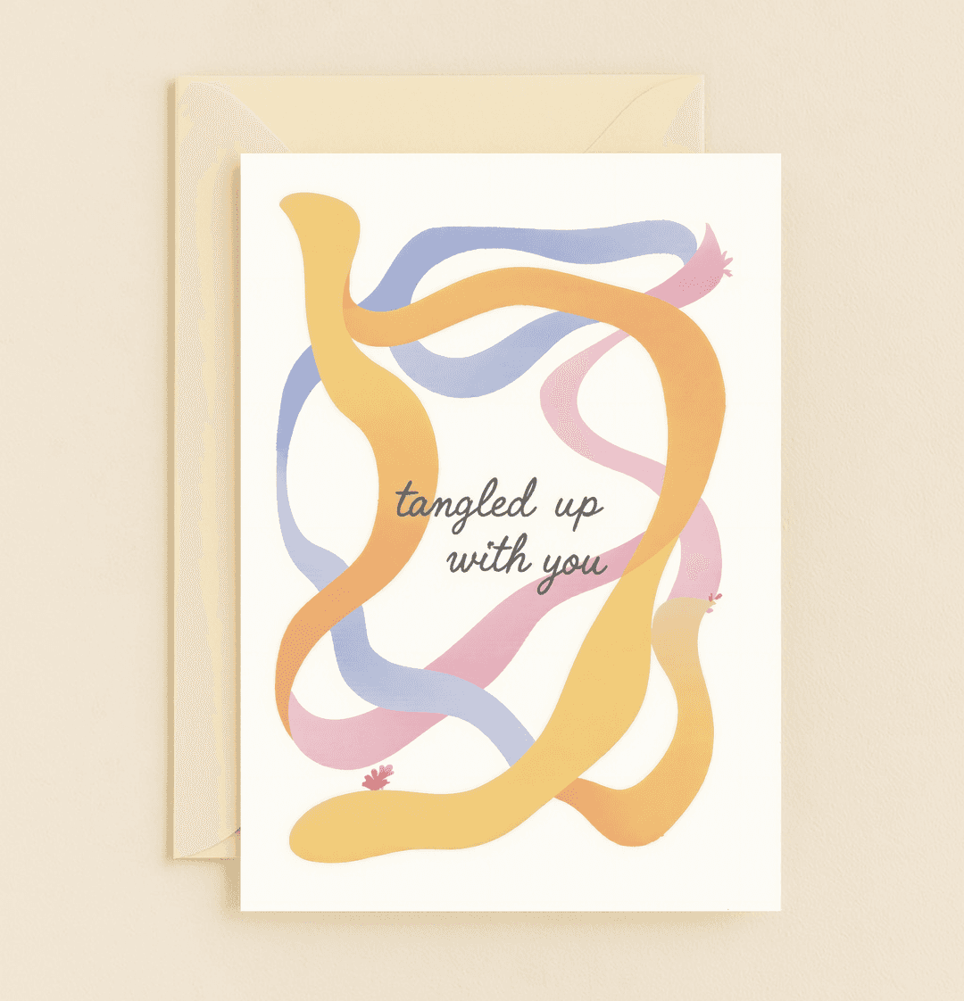 Celebrate your anniversary with "Tangled in Love's Embrace," a whimsical card featuring pastel ribbons, romantic florals, and playful wordplay.