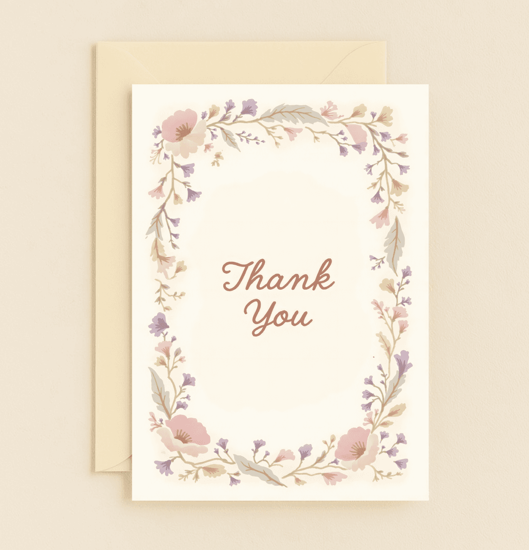 Express your heartfelt thanks with the "Blossoms of Gratitude" card, featuring elegant pastel floral borders and a graceful "Thank You" in script.