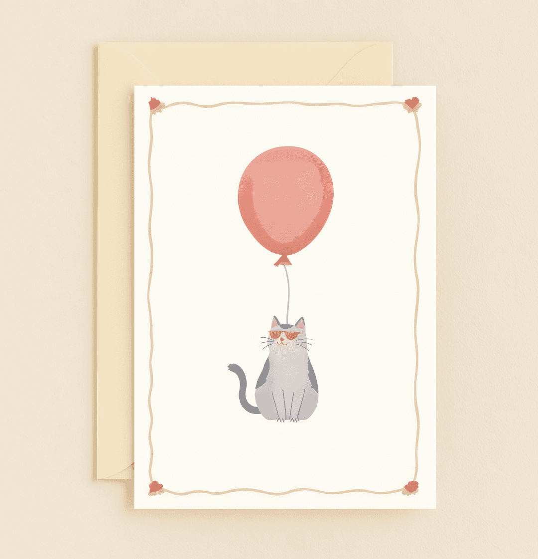 Celebrate in style with our "Cool Cat's Fun Birthday Bash" card featuring a sunglasses-clad cat, a red balloon, and charming heart-shaped accents.