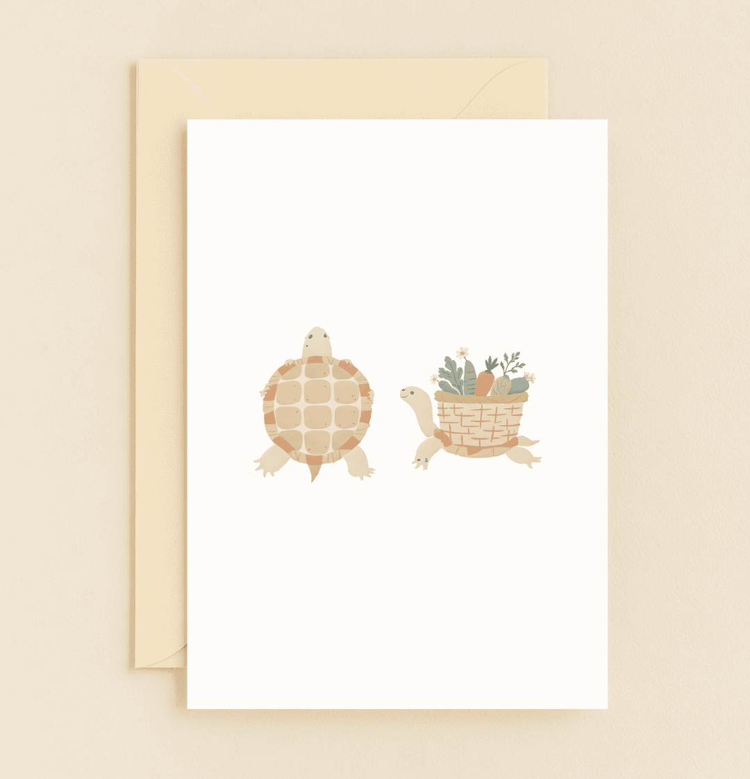 Celebrate Easter with this whimsical card featuring pastel-hued turtles carrying a vibrant basket of vegetables and flowers, perfect for nature lovers.