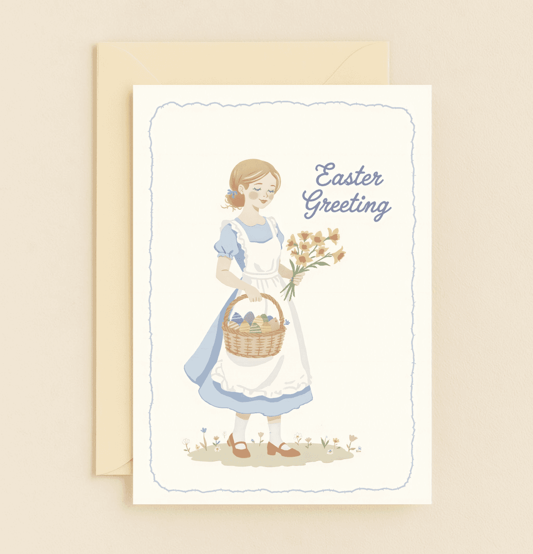 Celebrate Easter with a nostalgic card featuring a vintage-clad woman carrying a basket of colorful eggs and yellow flowers, evoking springtime charm.