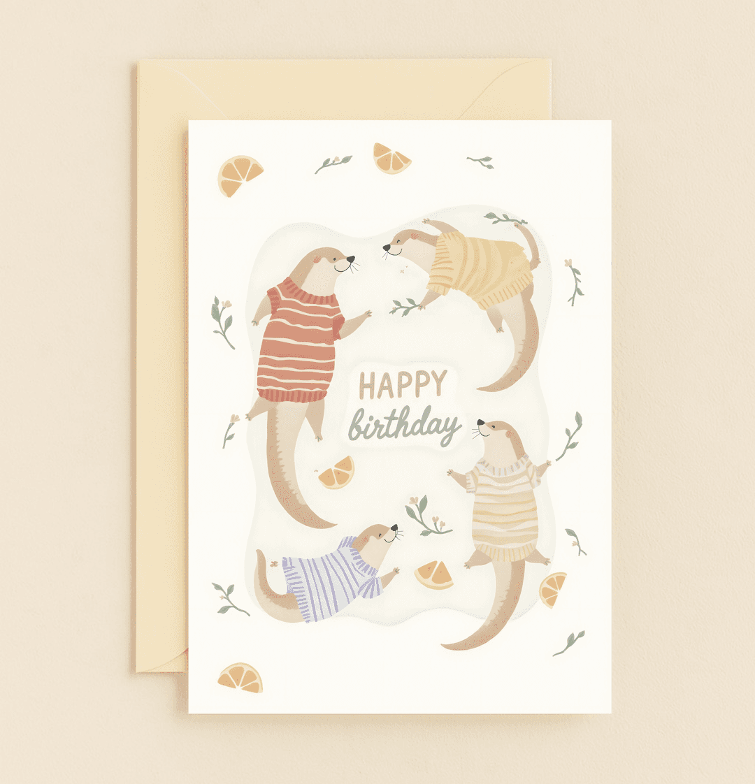 Celebrate with a splash of cuteness and humor with this whimsical otter-themed birthday card, featuring cozy sweaters, playful puns, and cheerful accents.