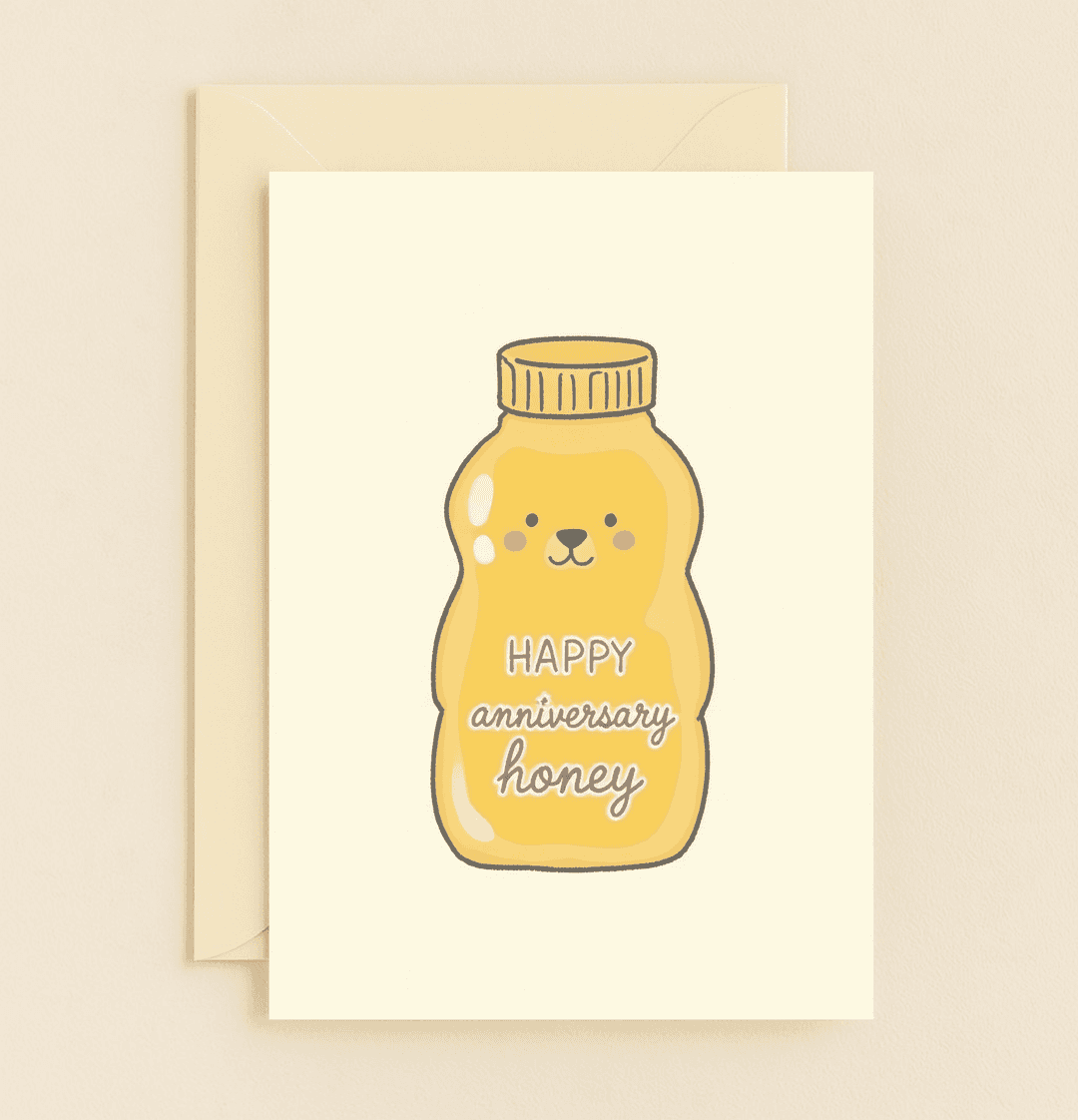 Celebrate your sweet love with a charming bear-faced honey bottle card, perfect for pun lovers on your anniversary.