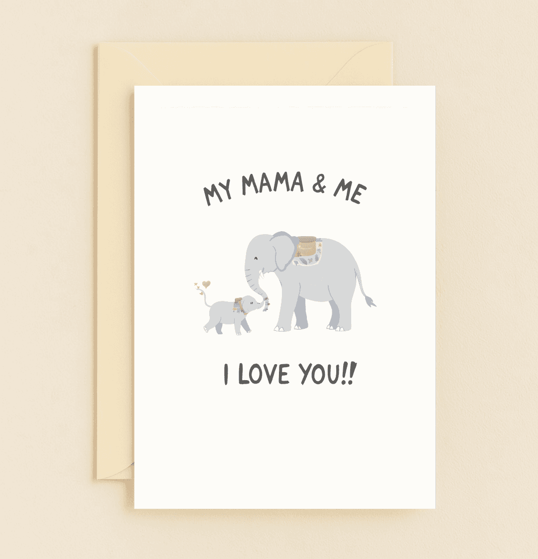 Celebrate Mother's Day with a charming card featuring a loving elephant duo and heartfelt message, perfect for expressing your affection for mom.