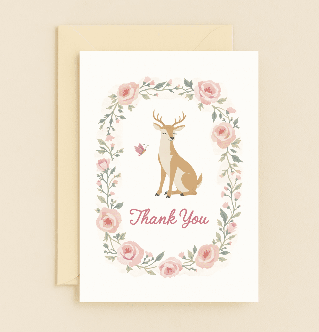 Express heartfelt gratitude with this serene card, featuring a graceful deer, fluttering butterfly, and a floral border of roses, embodying nature's tranquil beauty.