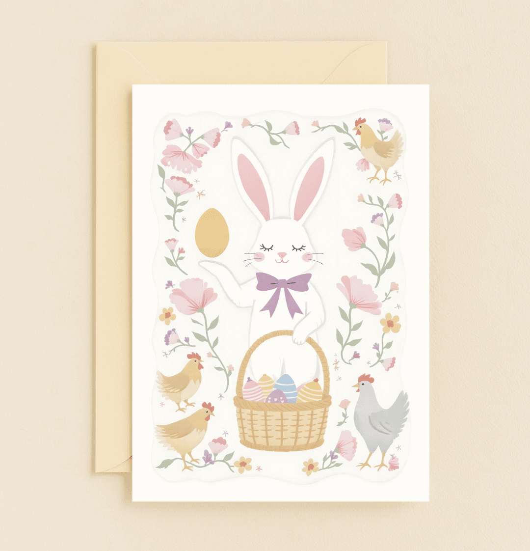 Celebrate Easter with a whimsical card featuring a bow-tied bunny, golden egg, and colorful chickens in a pastel floral wonderland of puns and joy.