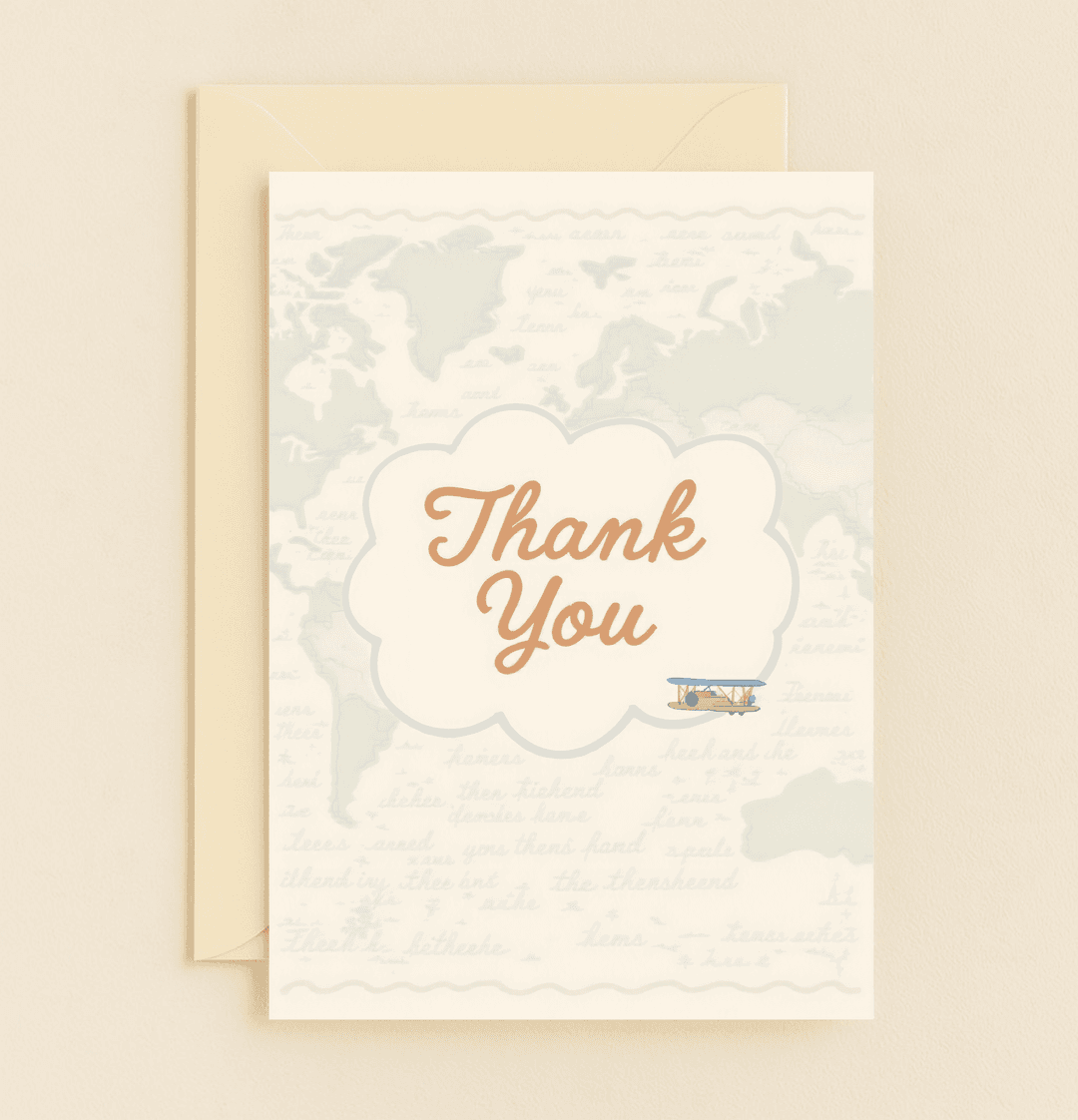 Express gratitude globally with our "Vintage Thanks Around the World" card, featuring a nostalgic biplane and a muted world map for a touch of adventure.