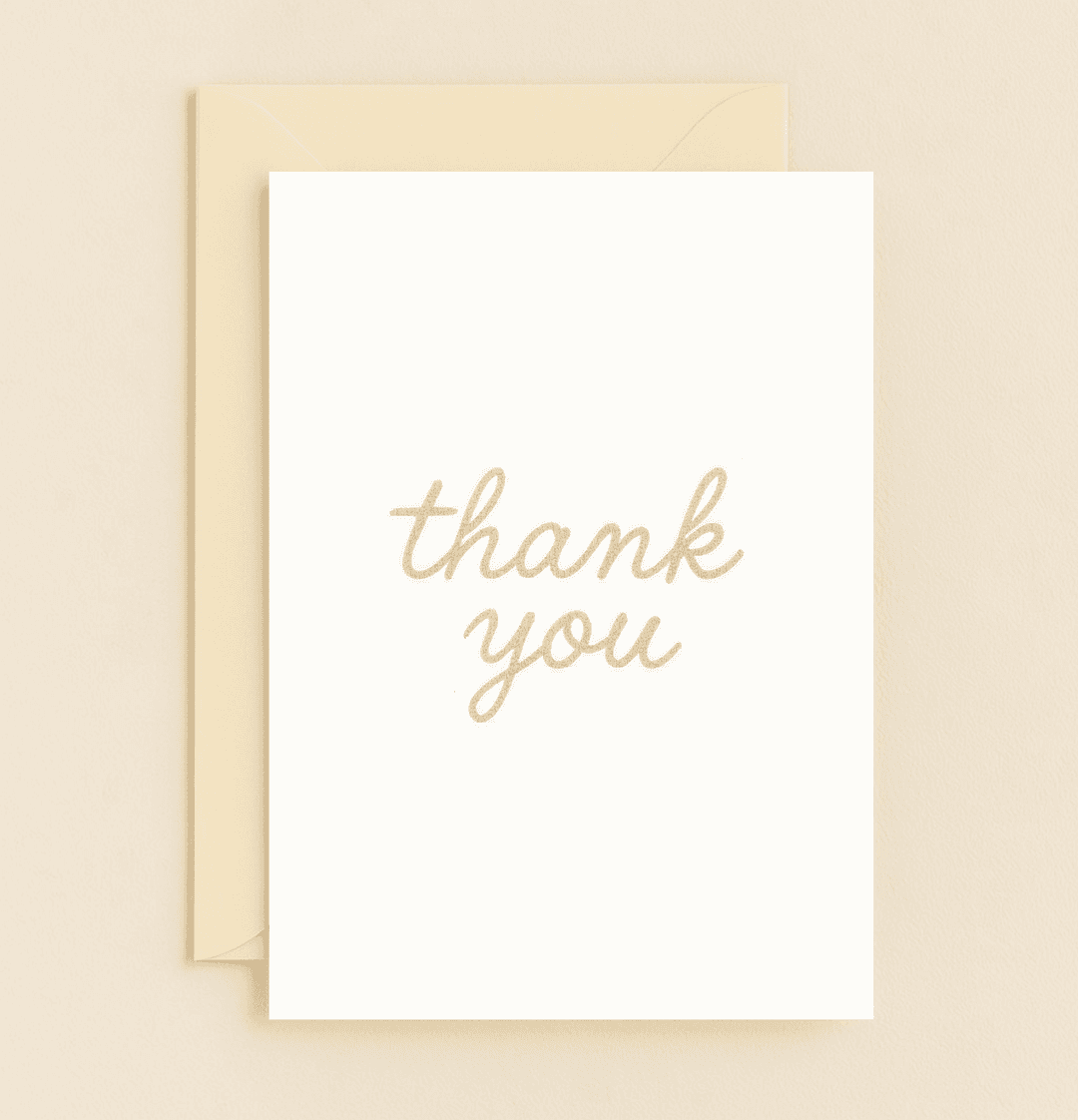 Express heartfelt thanks with this elegant, minimalist card featuring a cursive "thank you" in gold glitter on a pristine white background.
