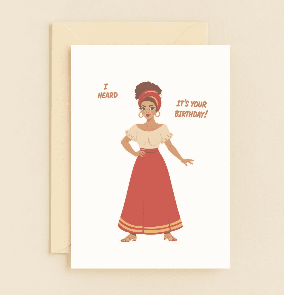 Celebrate with style and humor in this vibrant cartoon card featuring a chic woman in hoops and a headband, perfect for a birthday buzz.