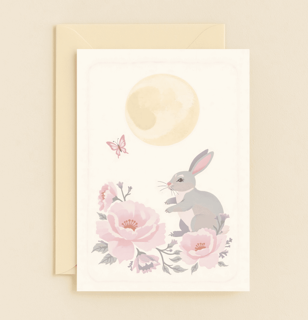 Celebrate Easter with "Moonlit Bunny Bliss," featuring a serene rabbit under a pastel moon, surrounded by blooms and butterflies, perfect for nature enthusiasts.