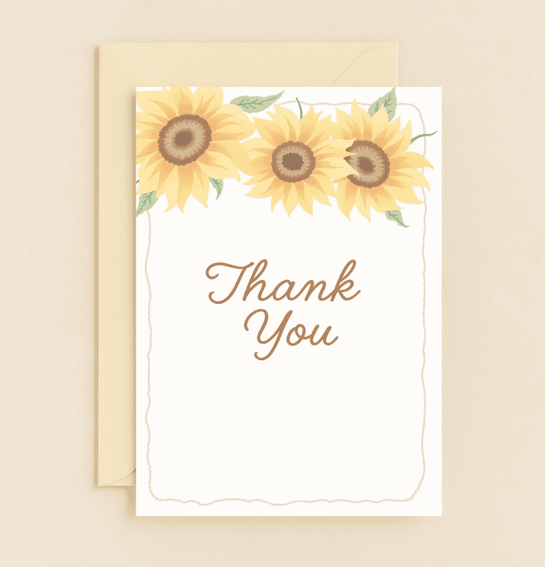 Brighten someone's day with our "Sunshine-Filled Gratitude" card, featuring vibrant sunflowers and a heartfelt "Thank You" on a crisp white background.