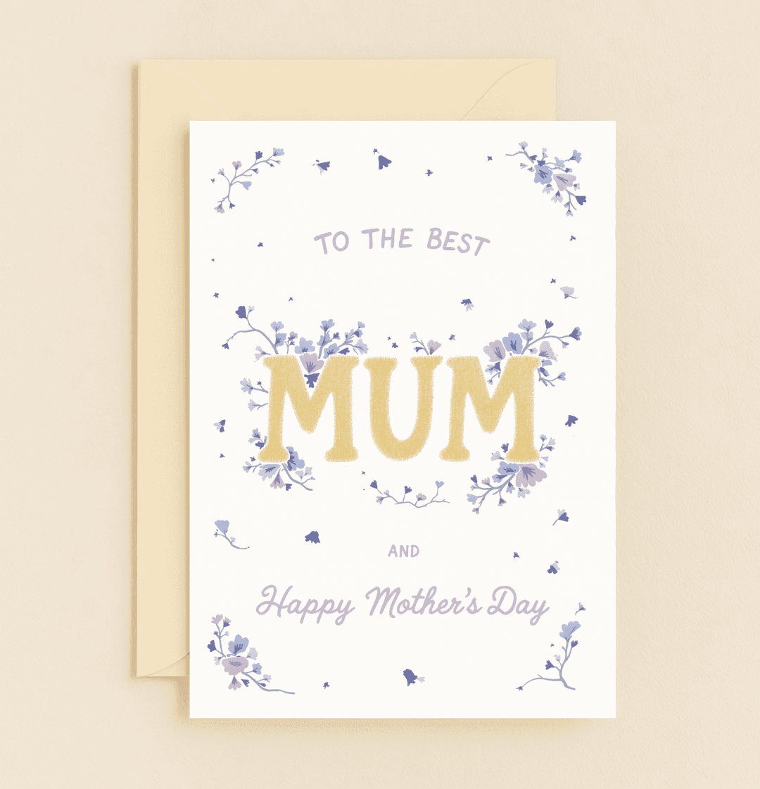 Celebrate Mother's Day with our "Blooming Love for Mum" card, featuring elegant gold script and delicate purple flowers to convey warmth and appreciation.