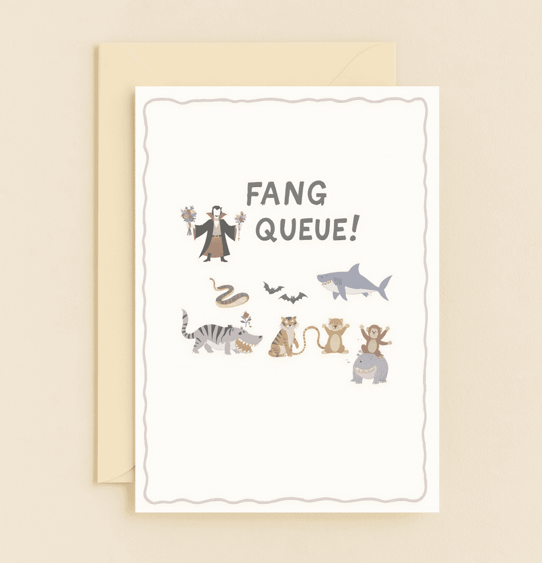 Say thank you with a whimsical lineup of fang-tastic creatures and a flower-wielding vampire, perfect for fans of puns and surreal humor.