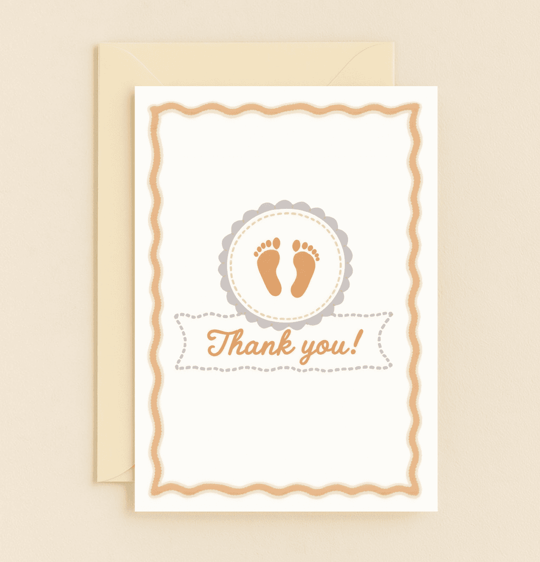 Express heartfelt gratitude with this charming card featuring baby footprints, a scalloped circle, and a wavy peach border in soft, gentle tones.