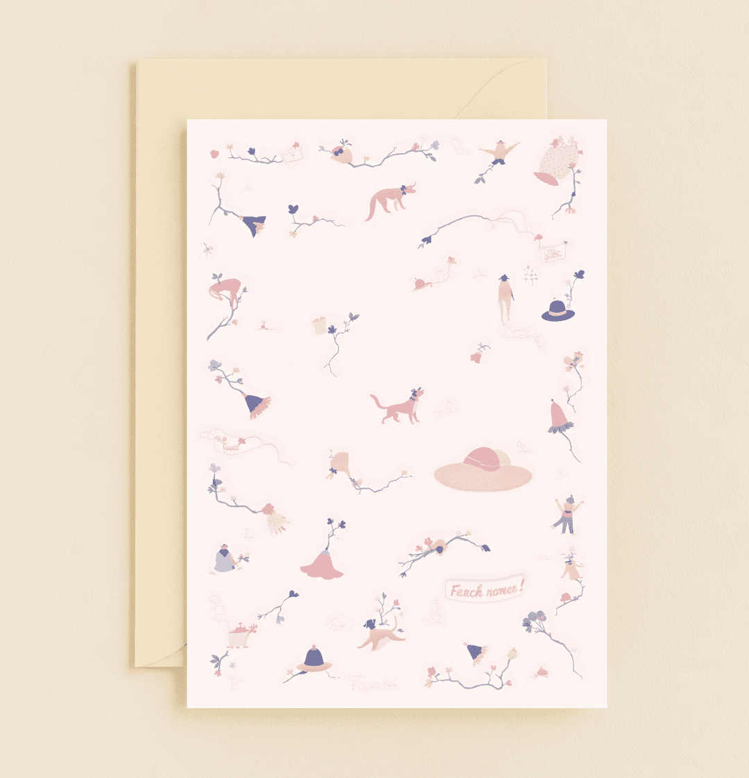 Express gratitude with a whimsical pastel card featuring playful dogs, flowers, and surreal humor in a light-hearted, exploratory design.