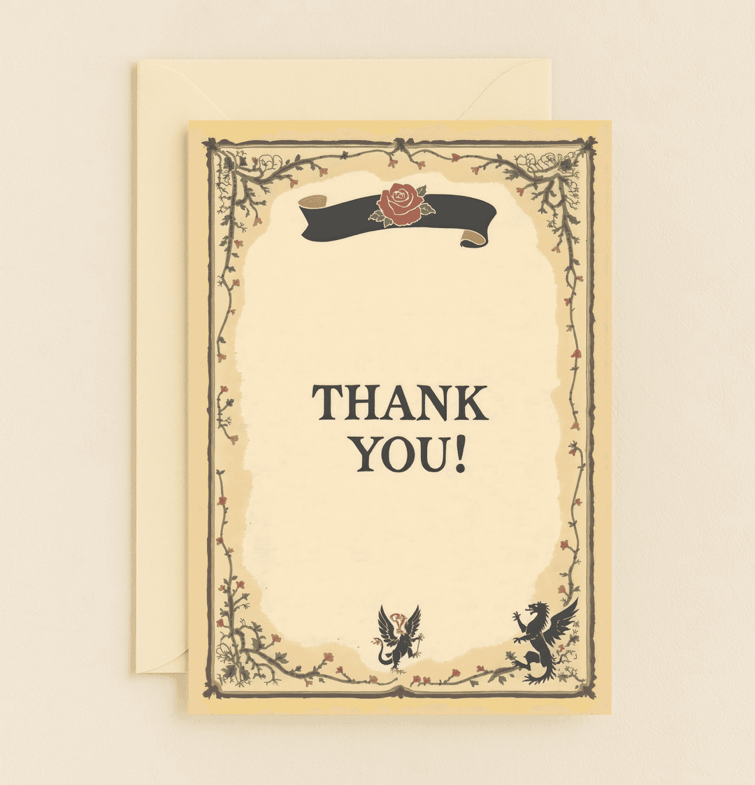 Express gratitude with medieval charm through a card featuring elegant vines, a bold "THANK YOU," and mythical creatures entwined in vintage elegance.