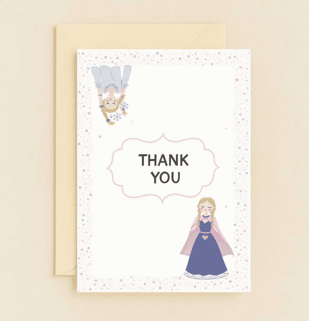 Embrace whimsical winter magic with this charming thank you card featuring cartoon princesses, pastel stars, and a frosty frozen theme!.