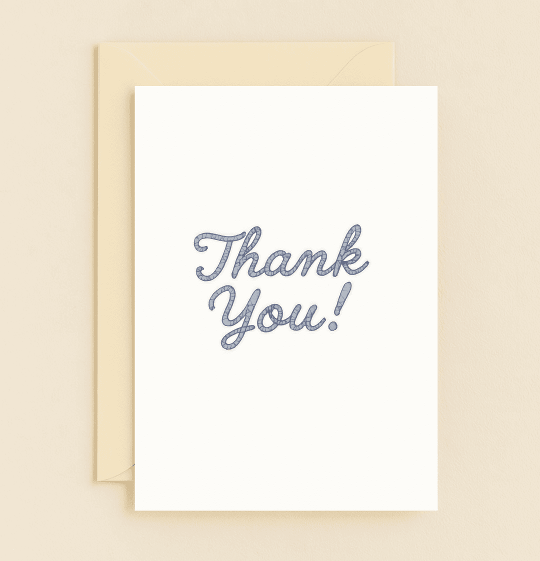 Express heartfelt thanks with "Gratitude in Every Curve," a card featuring elegant blue textured script on a crisp white background for an artisanal touch.