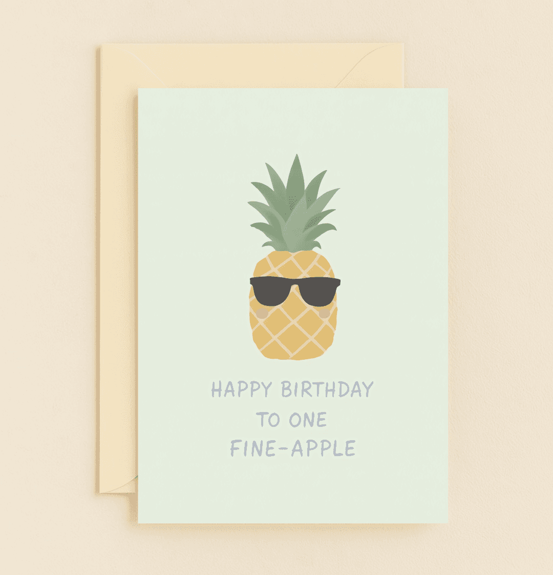 Send vibrant birthday wishes with our "Cool Pineapple Birthday Vibes" card, featuring a sunglass-wearing pineapple and a punny "fine-apple" greeting.