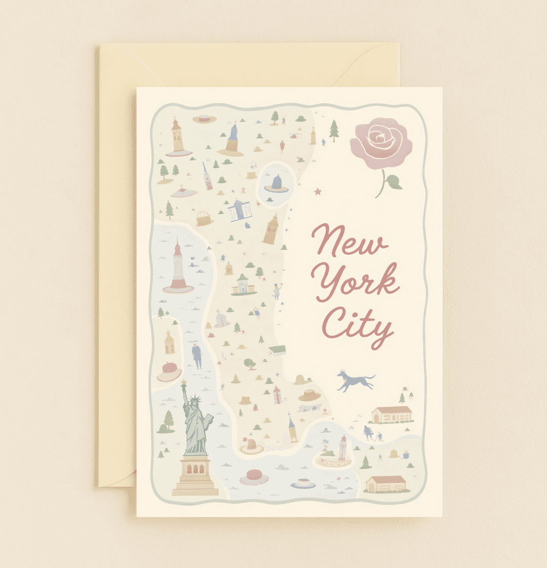 Express gratitude with a whimsical NYC map card featuring pastel landmarks, playful animals, and surreal touches for a charming thank you.