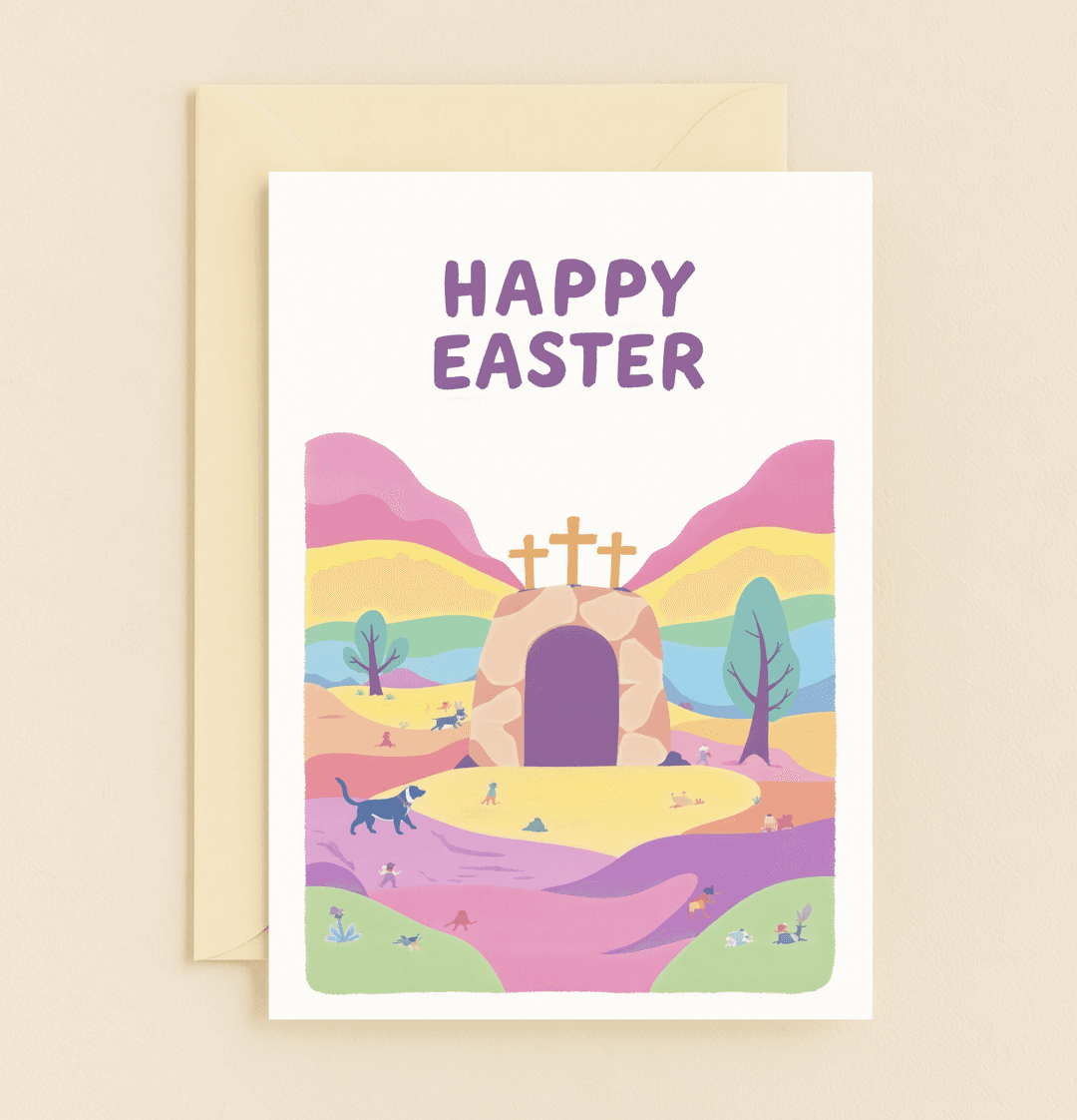 Celebrate Easter joyfully with a whimsical card featuring a pastel landscape, resurrection symbolism, and playful animals, including a charming blue dog.