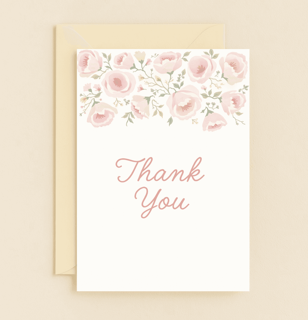 Express heartfelt thanks with "Blossoms of Gratitude," a delicate card featuring elegant watercolor flowers and a graceful cursive "Thank You" message.