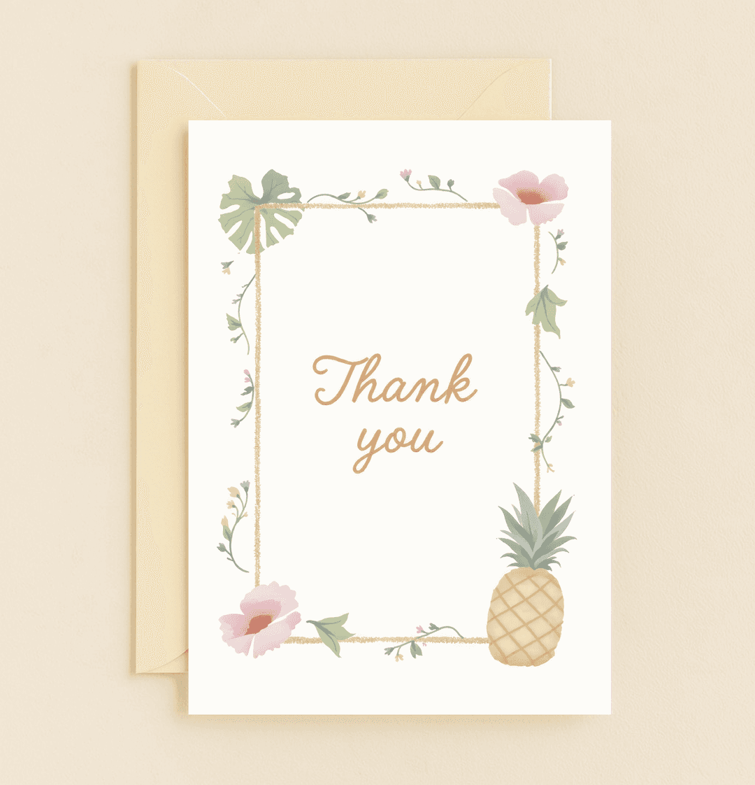 Express your gratitude with Tropical Grateful Blooms, a card featuring golden cursive on a fresh, elegant design adorned with pineapples and pastel flowers.