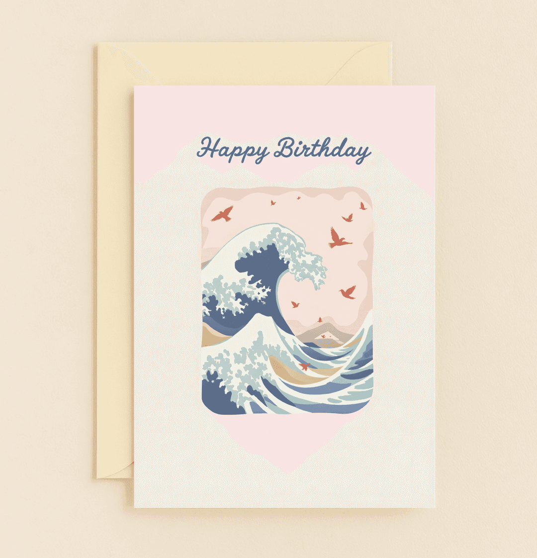 Send serene birthday wishes with this elegant card inspired by Hokusai's iconic wave, featuring pastel hues, graceful birds, and minimalist artistry.